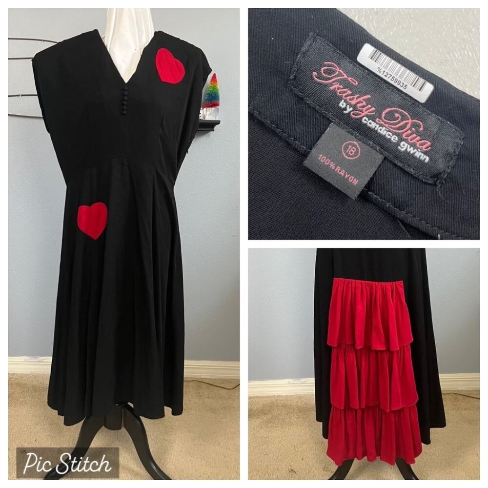 Trashy Diva Black Rayon Plus Size Dress With Heart Applique 40s Style Sz 18